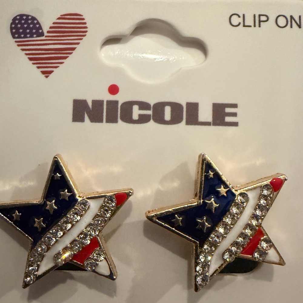 Patriotic Nicole Star Clip-On Earrings - Red White Blue and Gold Rhinestone NEW